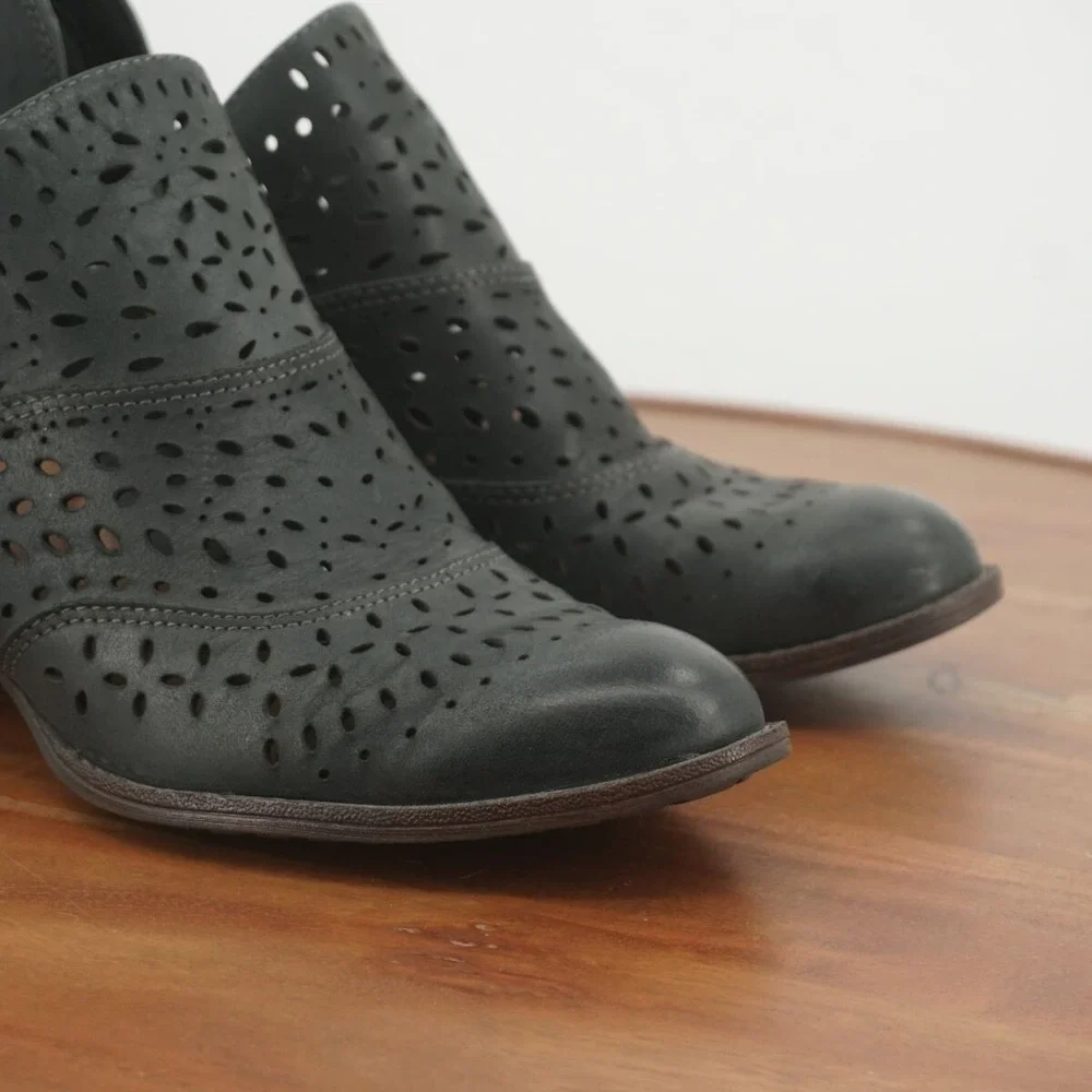 Sofft Black Perforated Leather Ankle Booties with Wood Block Heel